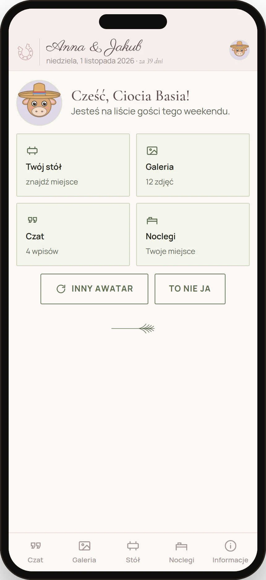 Ekran gościa w Asystencie: czat, galeria, stół, nocleg, informacje