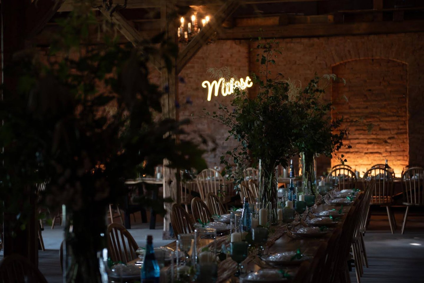 Stoły z zielenią, neon w tle (1600 px)